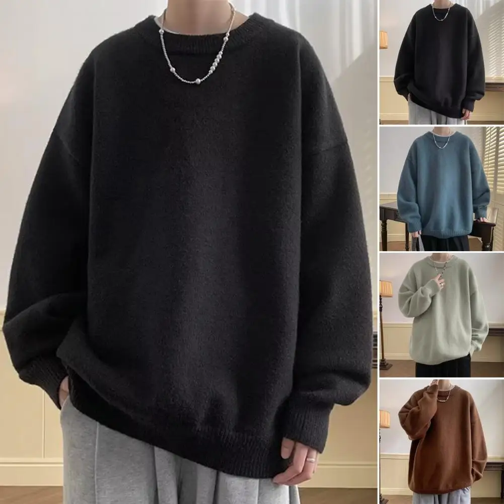 

Long Sleeve Sweater Men's Round Neck Solid Color Sweater with Elastic Cuff Thick Soft Fall Spring Pullover Loose Fit for Men