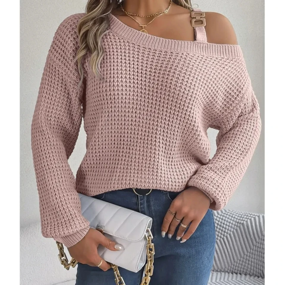 

Fashion Knitted Metal Patchwork Off The Shoulder Lantern Sleeve Pullover Top Autumn Winter Casual Women Versatile Sweater