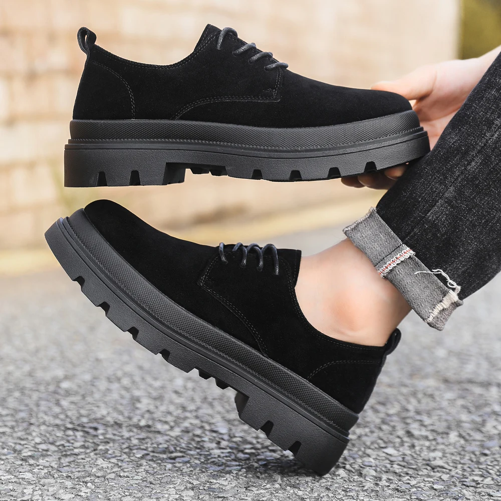 

2026 Spring New Men's British Style Platform Loafers Retro Lace-Up Work Boots Low-Top Height-Increasing Versatile Casual Shoes