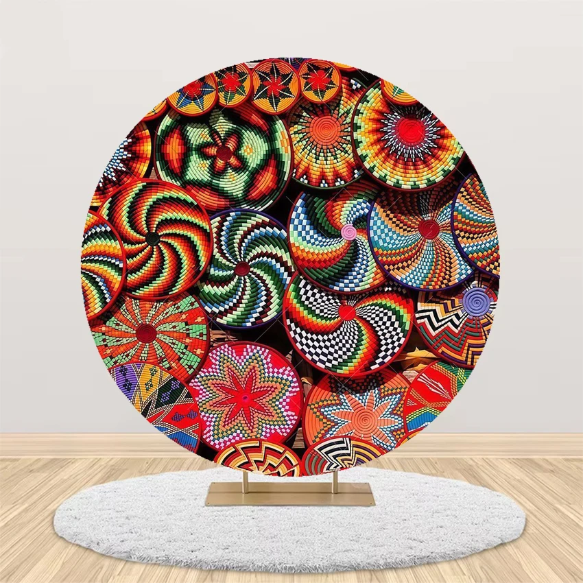 Traditional Ethiopian Basket Pattern Round Backdrop Cover Floral Wedding Birthday Party Decor Portrait Photography Background