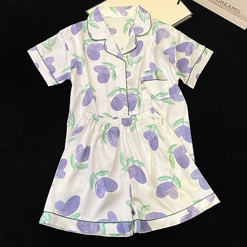 

Tulip Print Women Pajamas Set Summer Two-piece Pyjama Satin Silk Sleepwear Pajamas for Women Pijama with Shorts Loungewear