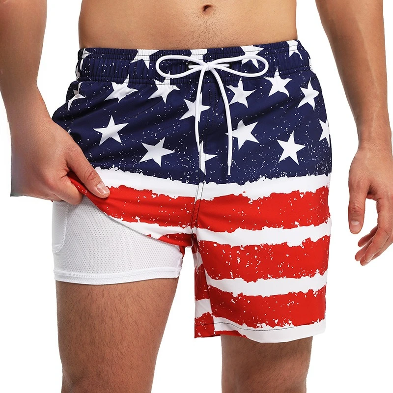 

New Men's Zipper Four-Sided Elastic Quick Dry Double Swim Trunks Swimming Fitness Casual Sports Quarter Shorts ST6