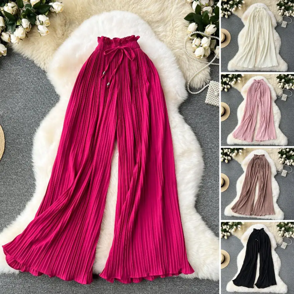 

Pleated Wide-leg Pants Women Pants Stylish Wide Leg Trousers Elastic High Waist Adjustable Drawstring Pleated Design Women's