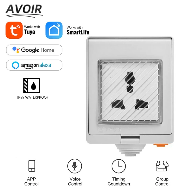 

Avoir Tuya Wifi Smart IP55 Waterproof Socket Universal Plug Wireless Connected Power Outlets PC Material Outdoor Home Appliance