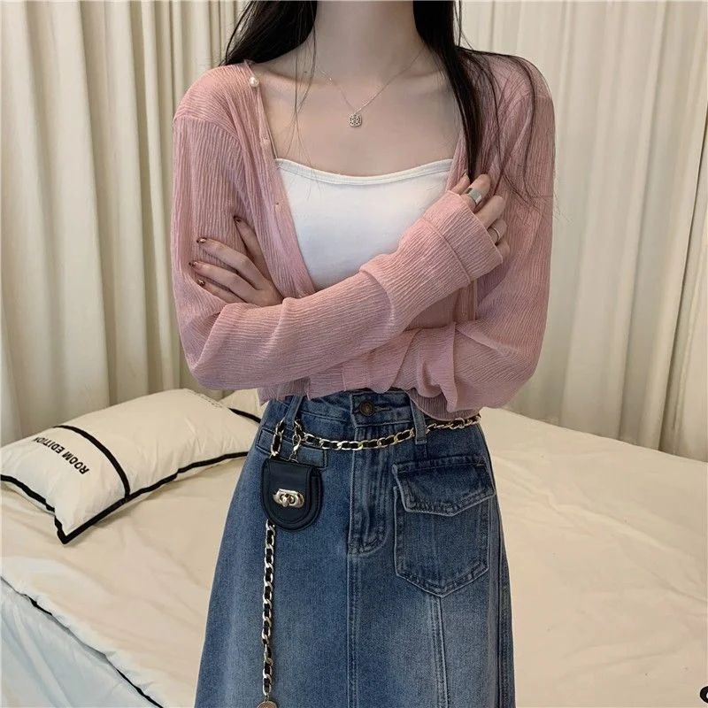 

Temperament Sun Protection Chiffon Cardigan Women's Ice Silk Shawl with Suspenders Fairy Long-sleeved Top