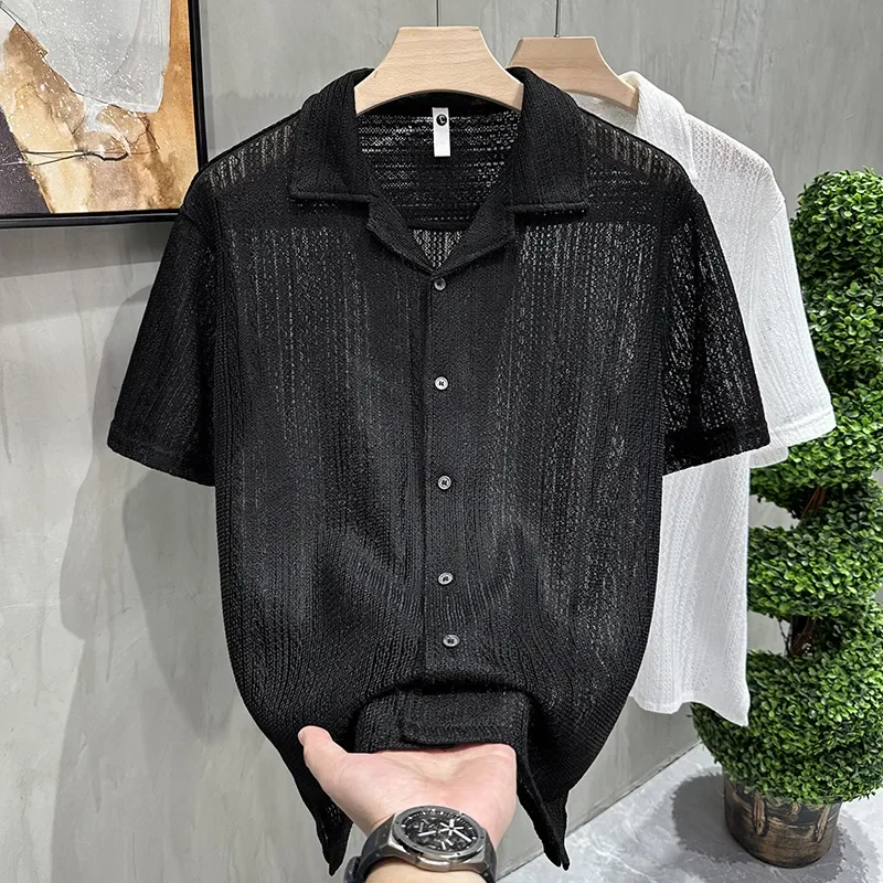 All Match New Hollowed Out Jacquard Cuban Collar Knitted Short Sleeved Shirt for Men's Summer Thin Loose Casual Top