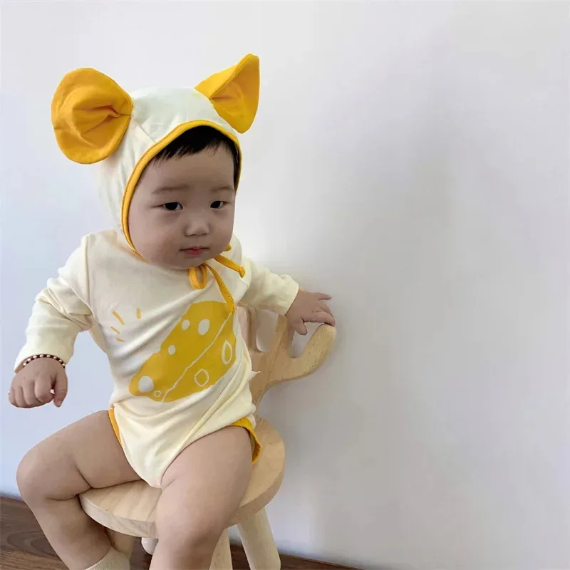 

Детская одежда, комбинезон для мальчиков и девочек, забавный хлопковый комбинезон с длинными рукавами и рисунком мыши, милый корейский комбинезон, одежда со шляпой