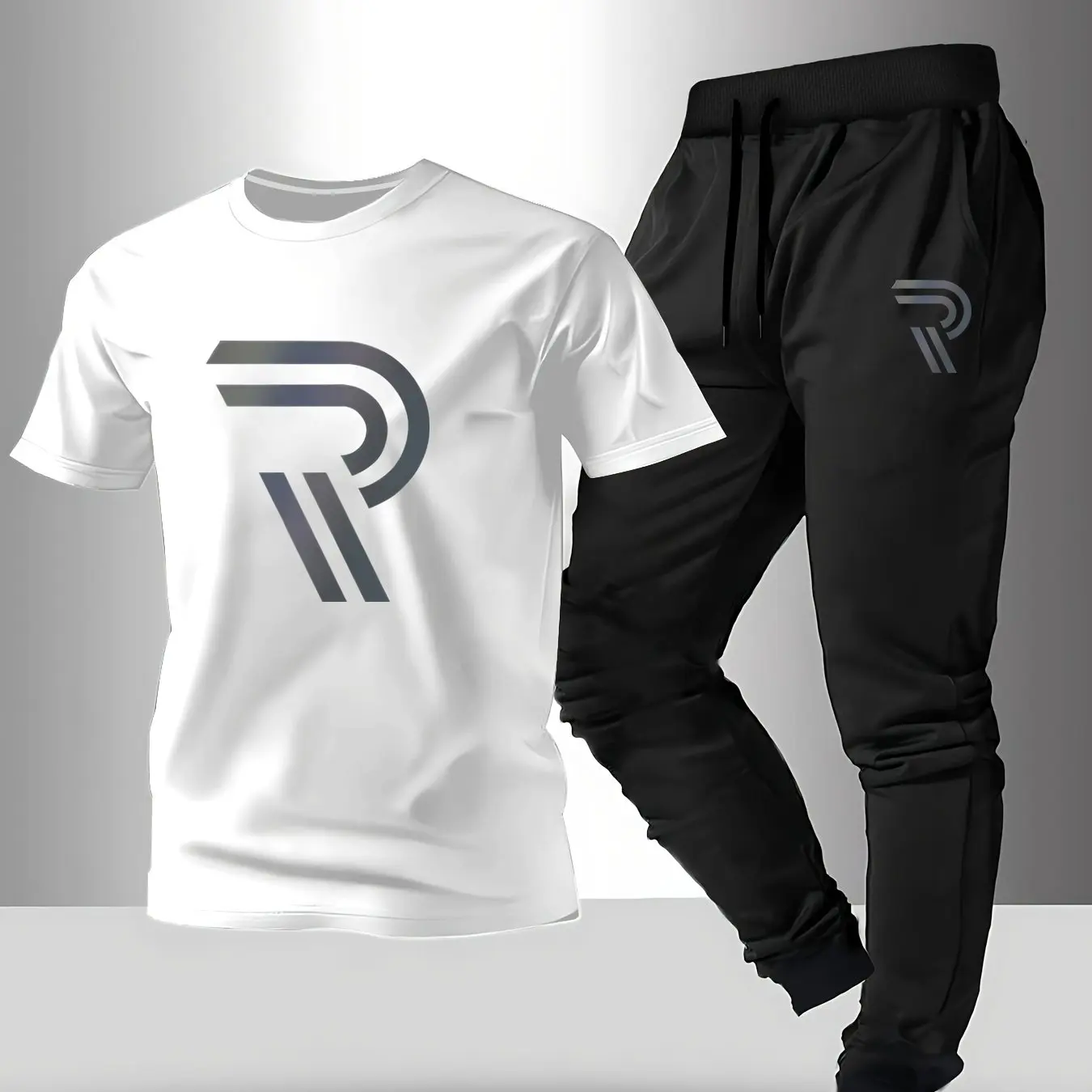 Round-neck short-sleeved top sports pants 2-piece set. Comfortable for summer spring autumn and for running or exercising