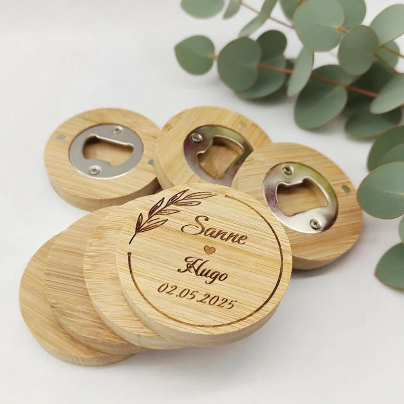 Customizable Bottle Opener - Round Magnetic Bamboo Bottle Opener, Personalized Wooden Bottle Opener for Wedding Guest Favors view 2