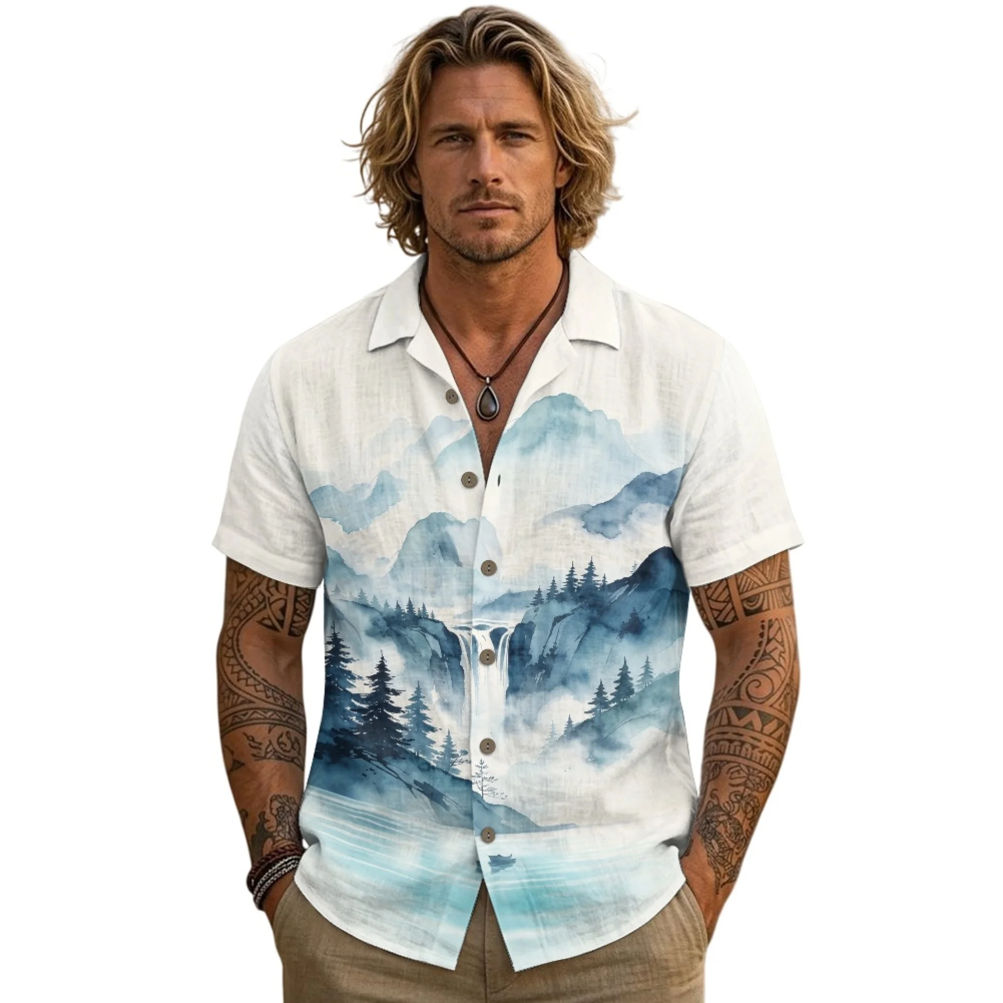 

INSTANTARTS Men's Linen Short-Sleeved Shirt Ink Painting Men's Summer Beach Shirt Lightweight Short Sleeve Casual Top S-3XL