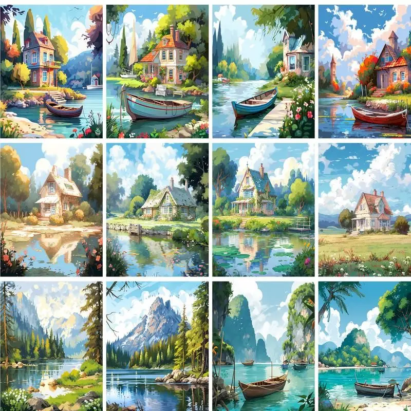 GATYZTORY – peinture à numéros pour adultes, kits de paysages de village, image sur numéros, cadeau fait à la main pour décorations murales