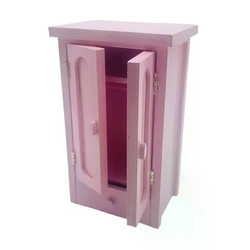 Dollhouse Bedroom Pink Mini Wooden Wardrobe Model Dollhouse Miniature Furniture Decor DIY Scene Accessories Toy