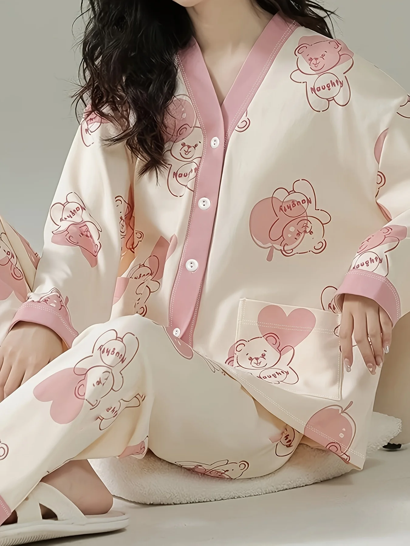 

Новый женский пижамный комплект на осень и зиму — розово-белый мультяшный медведь, дизайн кардигана, домашняя одежда в милом стиле