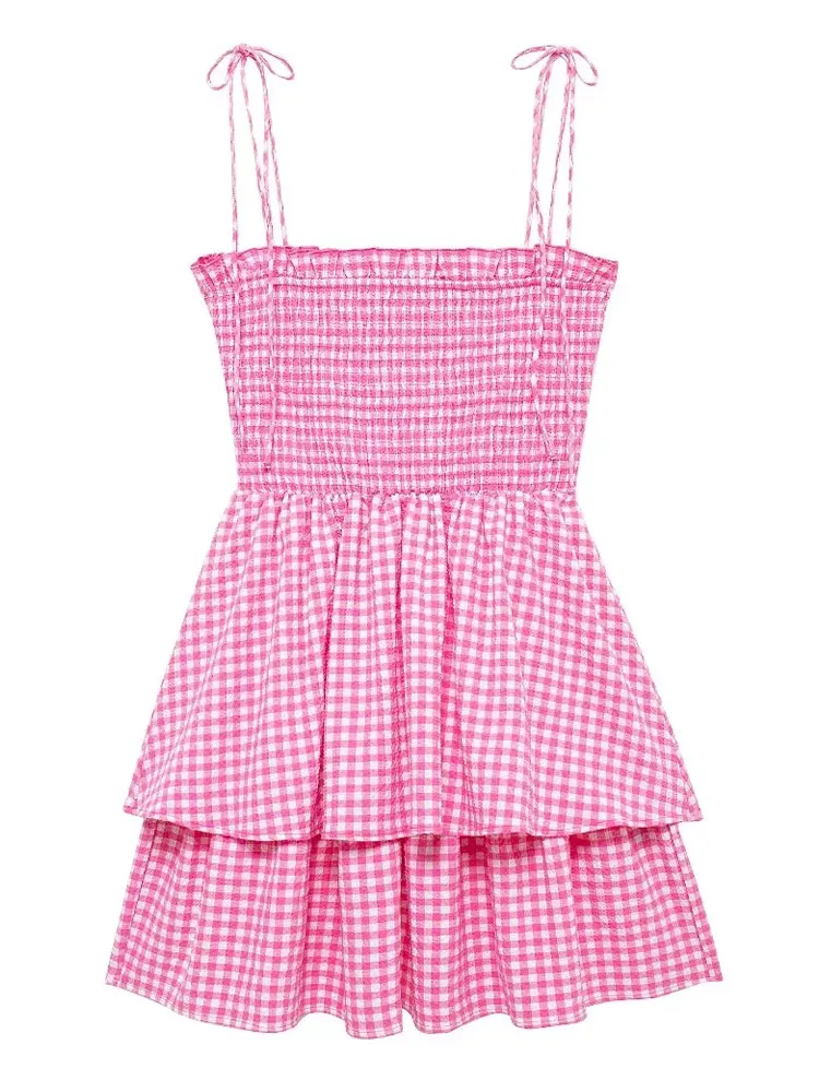 KAOPU ZA Women with bows gingham mini slip dress vintage ruffled straight neck thin straps female dresses vestidos mujer