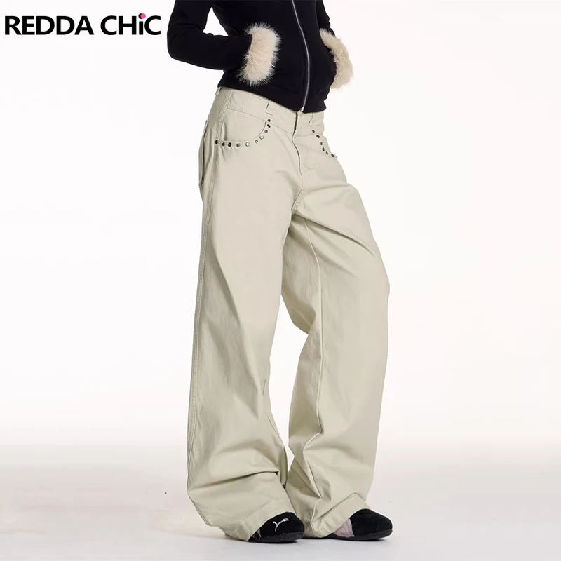 

Джинсы REDDACHiC винтажные с заклепками, свободного кроя, плиссированные, новые, однотонные, с высокой талией, с карманами, широкие штанины, повседневный стиль, женская одежда