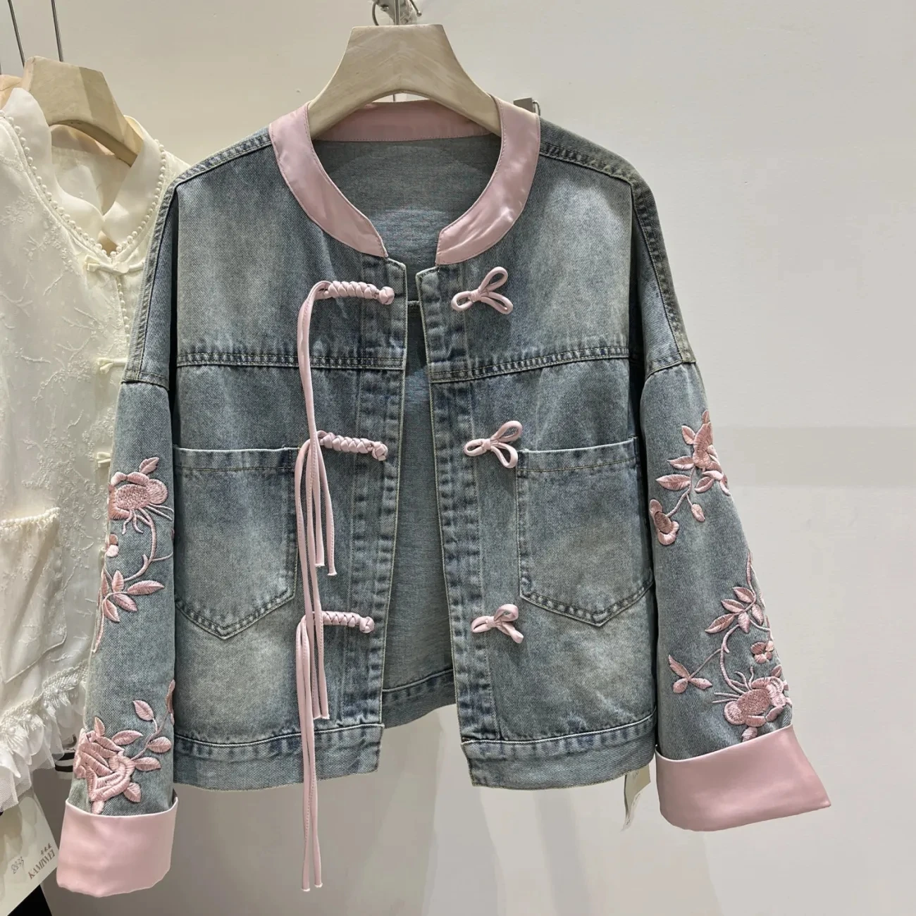 Short Buckle Denim Coat Women New Chinese Style stand collar Top 2024Spring  Bomber Outerwear Fashion Street Jeans Jacket female