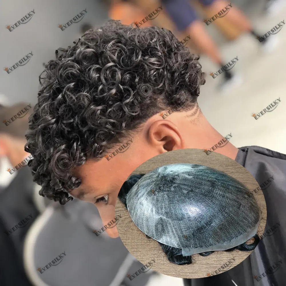 Men\'s Capillary Prosthesis Toupee Curly Human Hair 18mm Afro Curly Prosthetic hair Male Thin Skin PU Base Hair System for Men