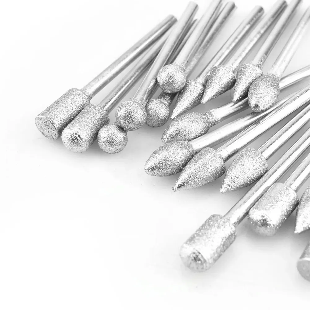 20pcs Grinding Bit Diamond Burr With 3mm Shank For Carving Grinding Engraving Jade Rotary Tools Replacement Accessories
