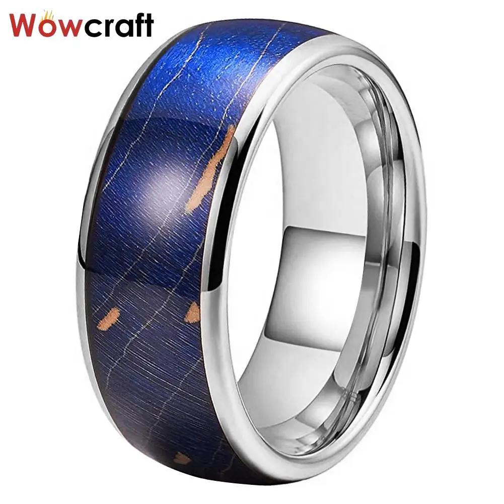 Rose Gold Silver Tungsten Ring for Men Women Wedding Band Blue Dyed Elder Wood Inlay Domed Polished Comfort Fit