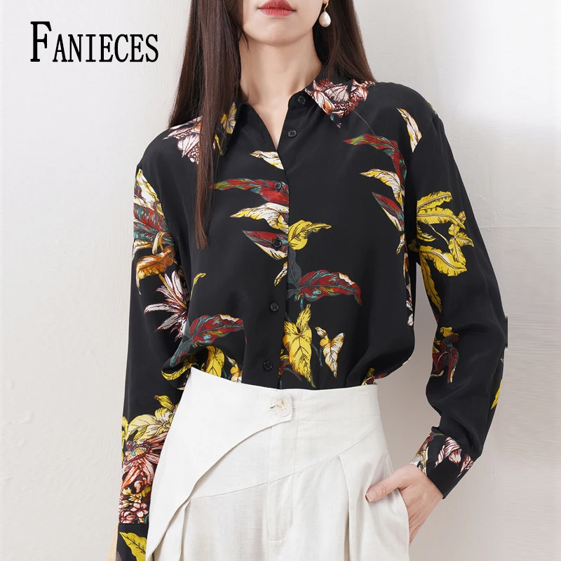 Fanieces vintage feminino chiffon camisas primavera verão manga longa moda impressão preto camisa feminina casual topos elegante streetwear