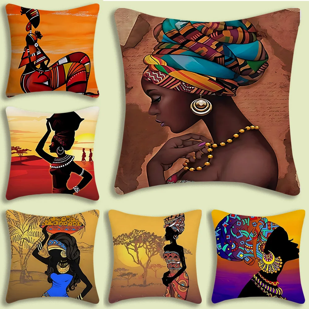 African American women Pillow Covers Cartoon Sofa Decorative Home Double-sided Printing Short Plush Cute Cushion Cover