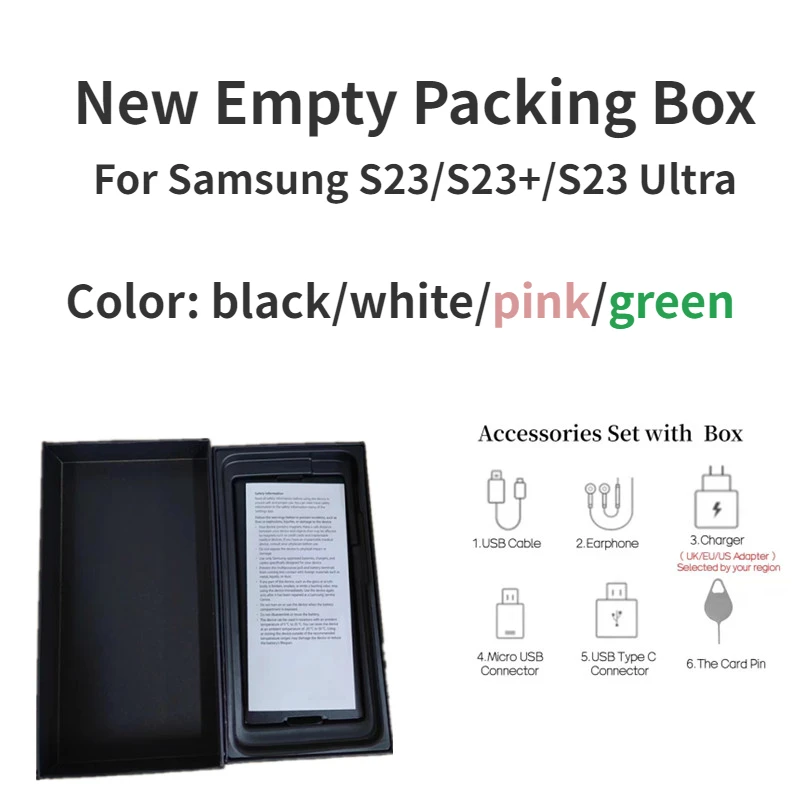 For Samsung Galaxy S23 Empty Retail Packing Box S23+ S23 Ultra or OEM Accessories US/EU/UK Adapter Type-C Cable Headset NEW 2023