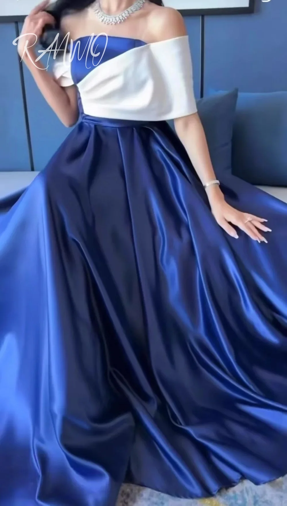 Ranmo синее и белое вечернее платье без бретелек по индивидуальному заказу атласное трапециевидное атласное арабское платье для выпускного вечера свадебное платье Vestidos de fiesta