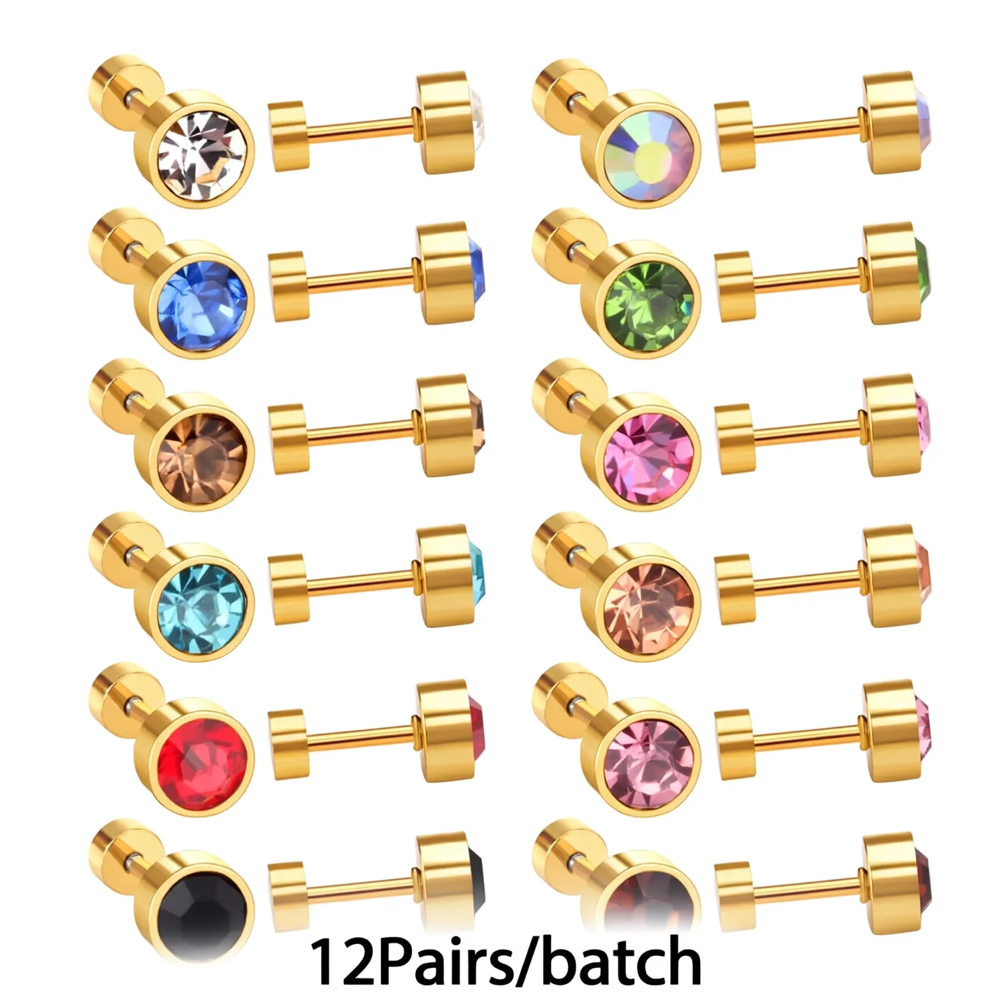 12 Pairs/batch Mixed Color Broken Diamond Screw Plug Earrings Set For Girls Wholesale Personality Earring Earrings Jewelry