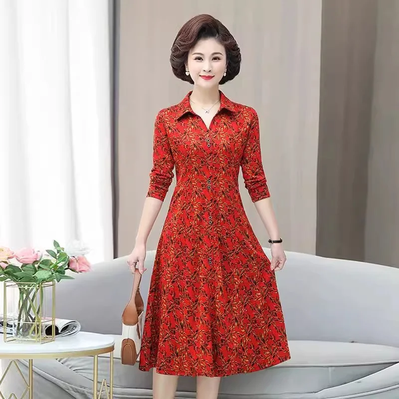 2024Spring Autumn Female Long sleeved Fashionable Dress Middle aged and Elderly Women, Mom's Loose and Slimming Mid length Dress