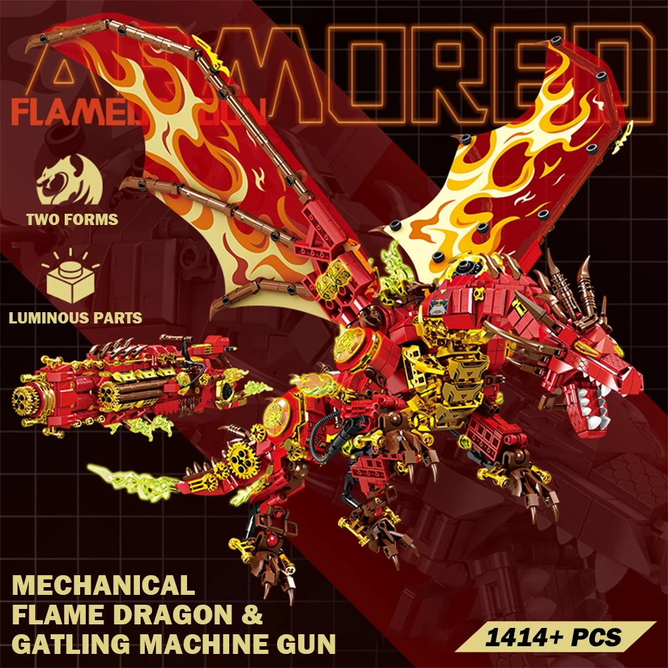 Two Form Mechanical Flame Dragon Gatling Machine Gun Wave Cannon Building Blocks Static Weapons Ornaments Bricks Toys Kids Gifts