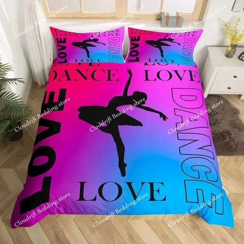 Love Gymnastics King Queen Duvet Cover Floor Exercises Ballet Bedding Set Neon Pink Dance Comforter Cover Polyester Quilt Cover