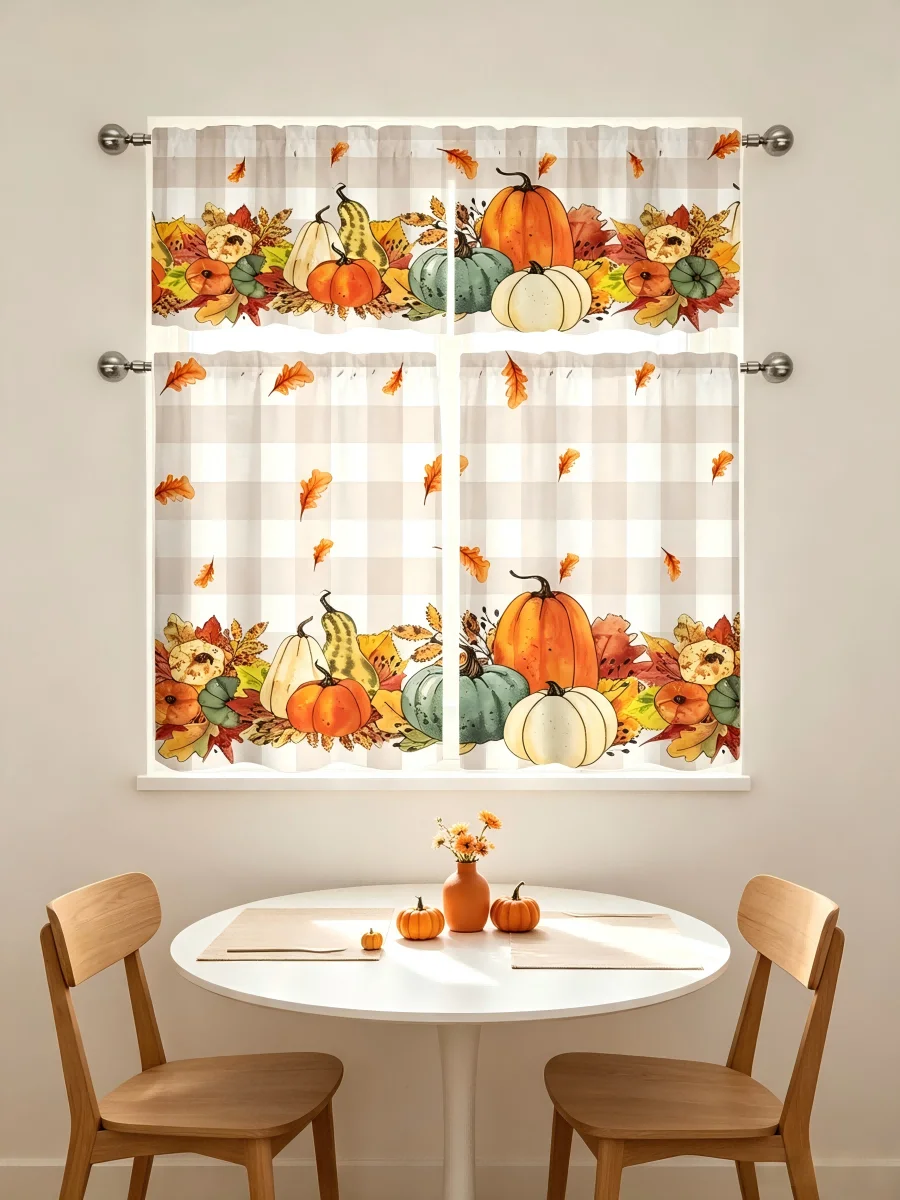 3PCS Fall Harvest Plaid Falling Leaves Pumpkin Curtain, Buffalo Check Autumn Thanksgiving Window Treatment Set for Kitchen