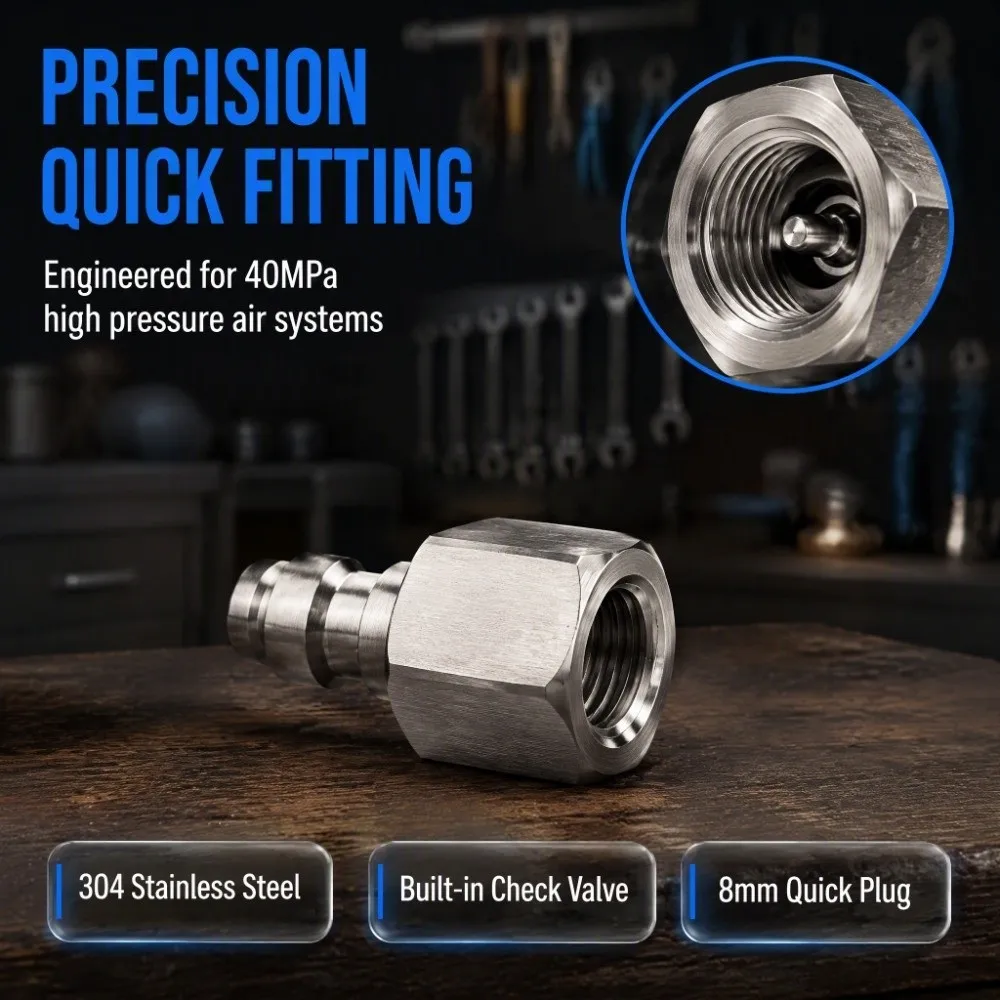 Durable Stainless Steel Quick Connect Fitting Silver 1/8 BSPP Thread Air Inflation Nozzle Check Valve Nozzle Industrial Use