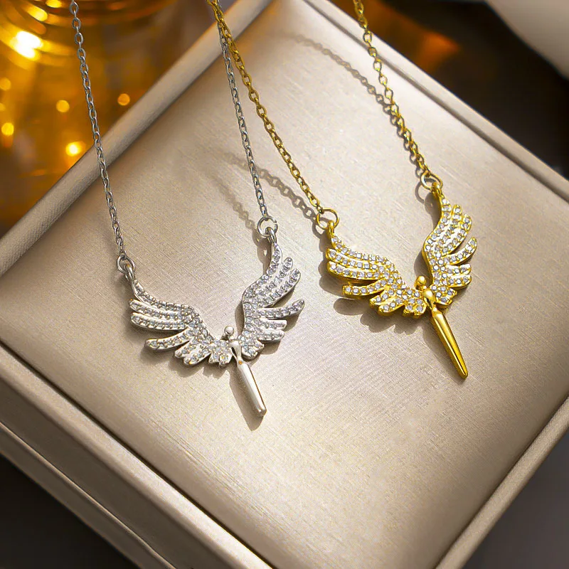 Fashion Retro Angel Wing Necklace Light Luxury Micro-set Pendant Simple Design Stainless Steel Clavicle Chain Gift