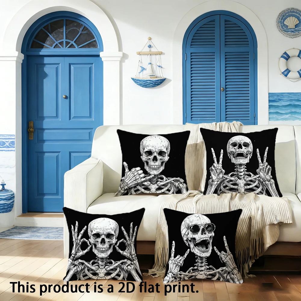 1pc Halloween Skeleton Throw Pillow Cover, 2D Flat Print Spooky Skull Decorative Pillow Case for Home Living Room Bedroom Couch