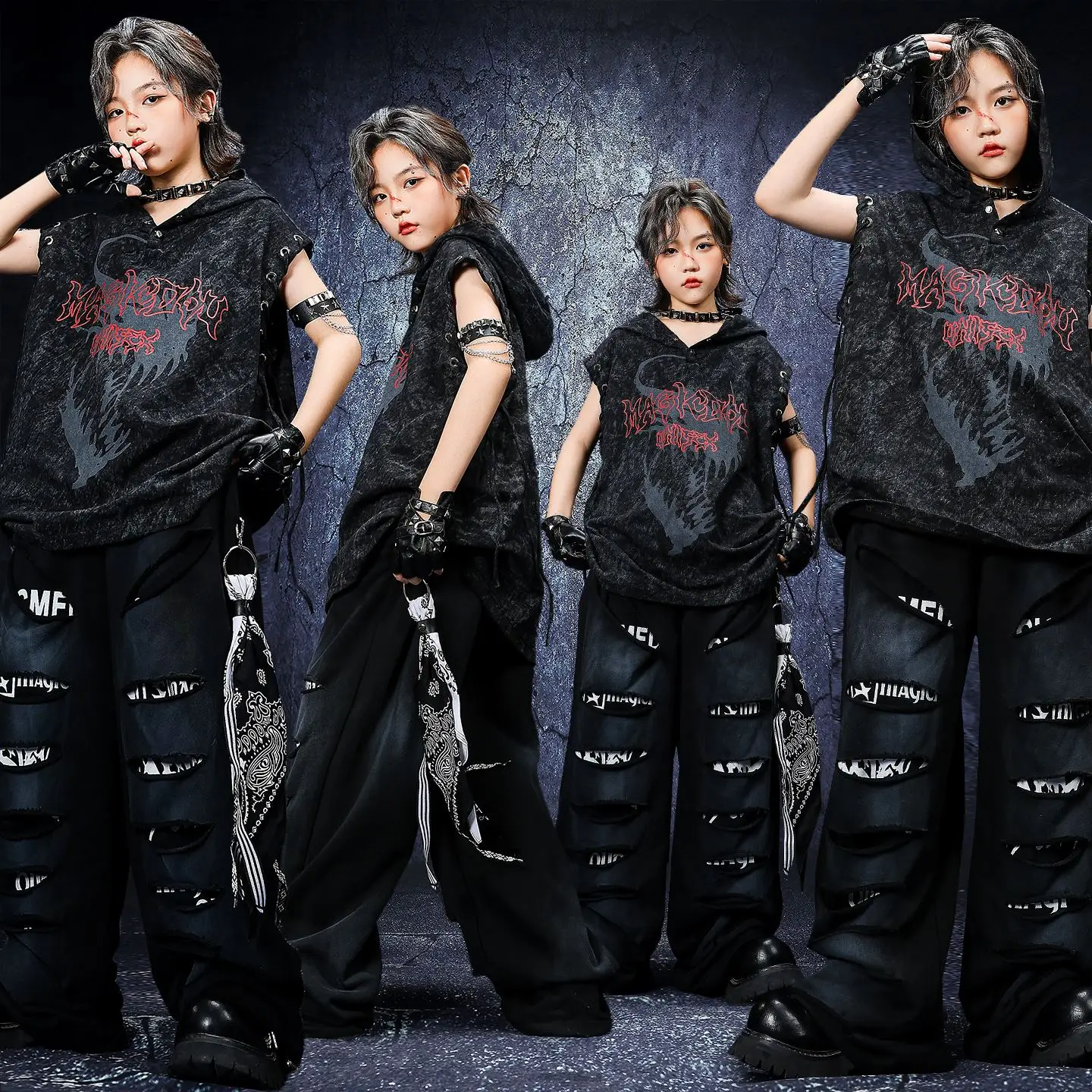 Jungen Punk Hip Hop Dance Kostüm Schwarz Mit Kapuze Tops Lose Hosen Teenager Straße Tanzen Leistung Kleidung Bühne Tragen BL16663