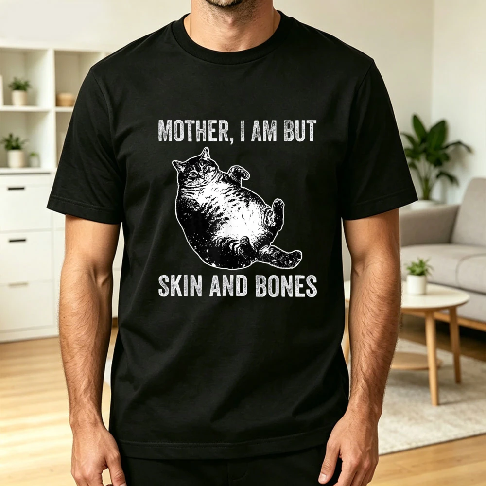 Skin and Bones Fat Cat Print T-Shirt Funny Meme Cat Casual Streetwear Lazy Cat Graphic Tee Men Women Fashion Crewneck Cotton Tee