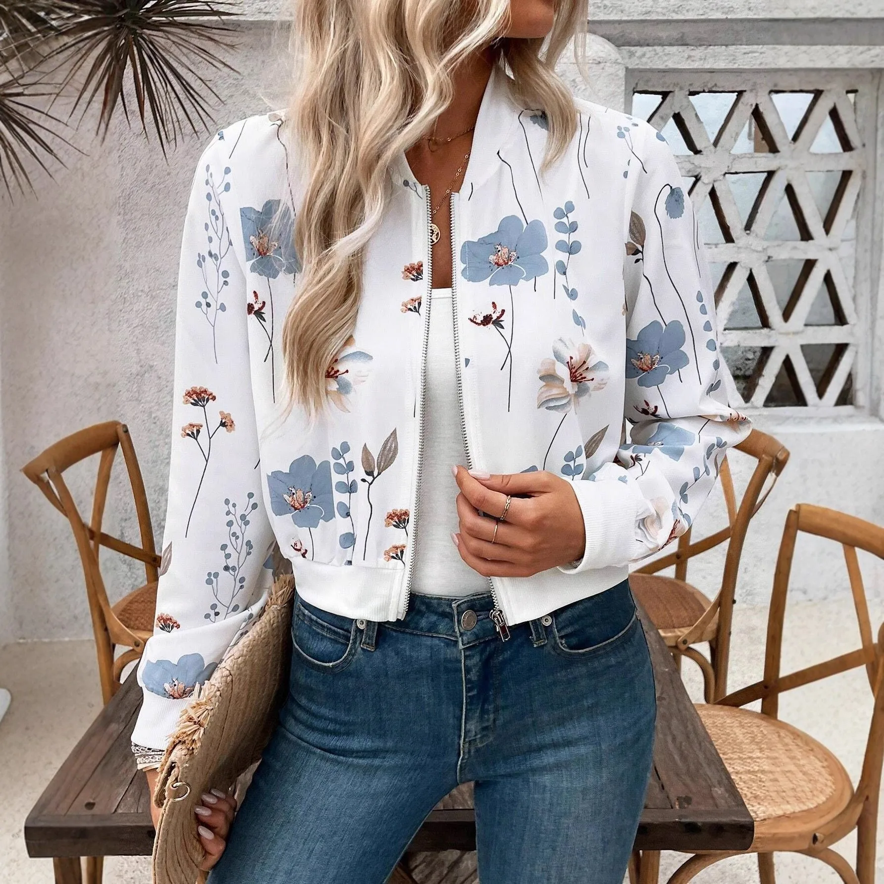 Women's Medium Weight Loose Fit Knit Jacket with 3D Print Zipper Closure Collarless Long Sleeve Elegant Women's Bomber Front