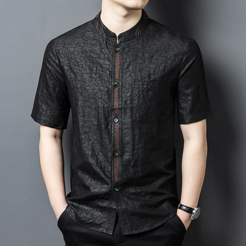 

Luxurious Lightweight Silk Shirts For Men Short Sleeve Embroidery Summer Quality Gambiered Canton Gauze Pocket Camisas De Hombre