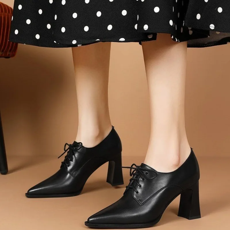 Spring 2024 New High Heel Women's Versatile Deeper Pocket Strap Pointed Toe Work Leather Shoes Soft Surface Single Shoes