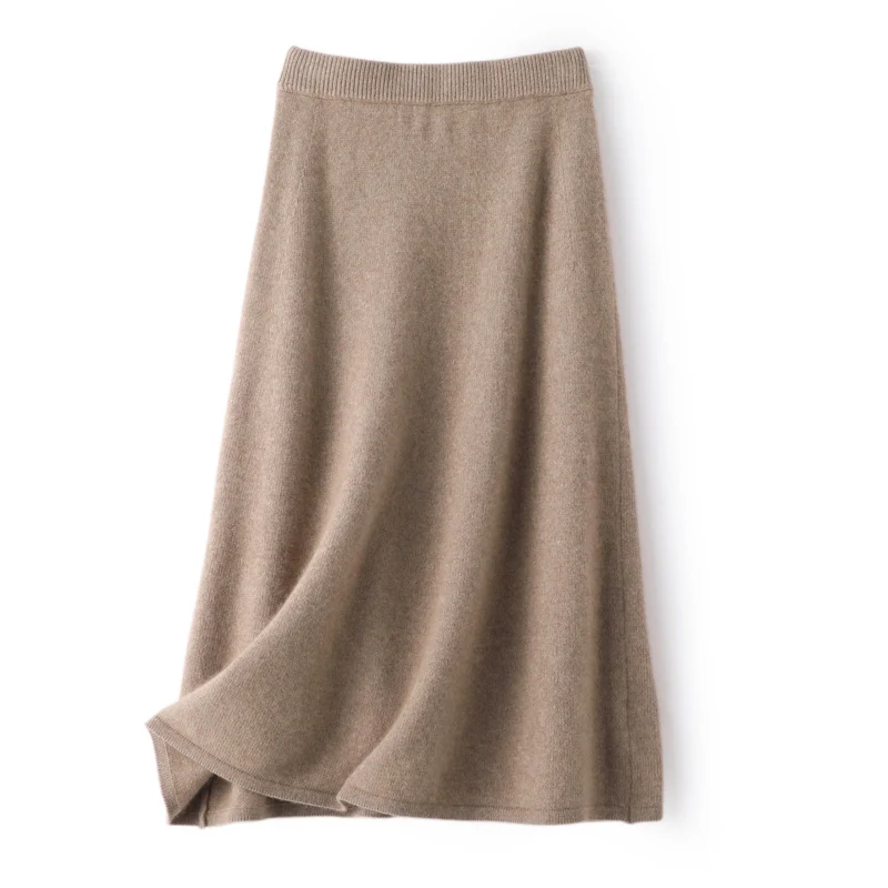 100% Merino Wool Women\'s Knitted Skirt Solid Color Solid Warm Thickened Knee Length Skirt High Waist A-line Skirt Loose Skirt