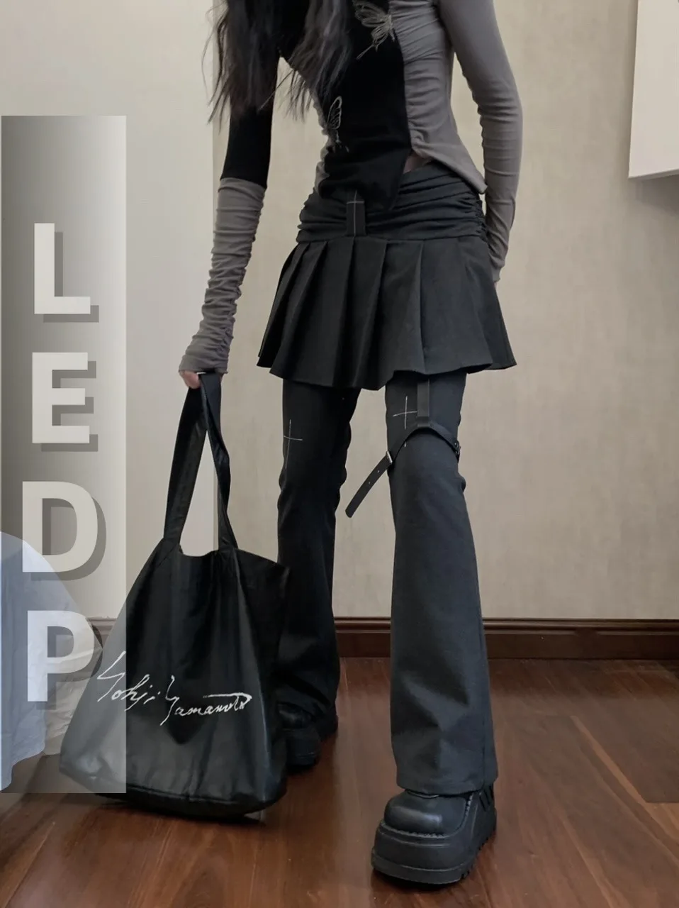 IMU FinderMond Harajuku Artist Women Designer Faux 2pcPunk Hip Hop Cross Pleated Skirt Pant Long Flare Trousers Grey Gothic Capr