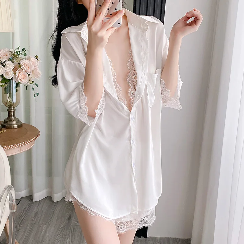 

Women's Summer New Short-Sleeved Shorts Cardigan Ice Silk Pure Color Lace Sexy Pajamas Girls Underwear Pajama Set Homewear Set