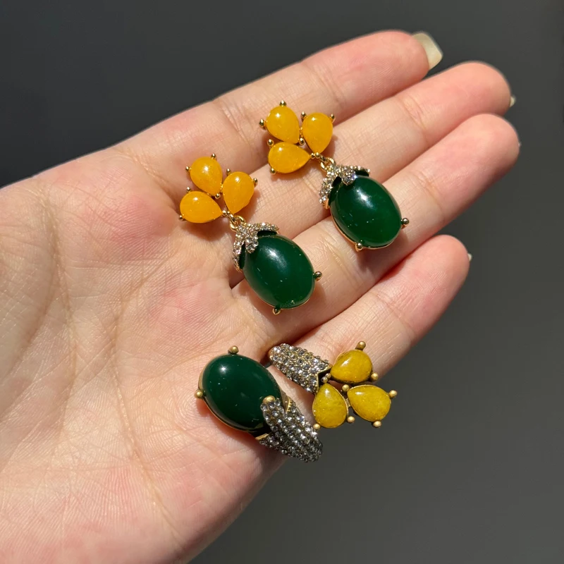 Vintage Yellow Beeswax Green Agate Jewelry Sets 18k Gold Plated Earrings Ring High Quality Trendy Gifts For Women Trends 2026