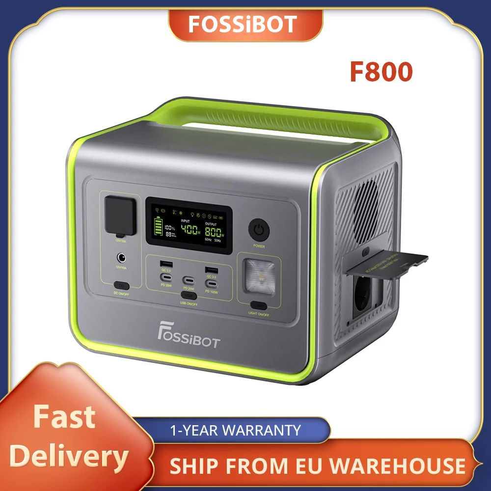 FOSSiBOT F800 Portable Power Station  800W AC Output,  512Wh LiFePO4 Solar Generator,200W Max Solar Input, 8 Outlets，3 LED Light