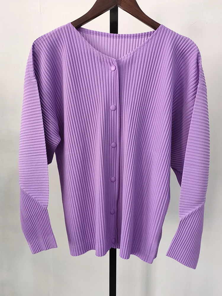 LANMREM Purple Pleated Shirt Loose Minority Buttoned Long Sleeves Round Neck Women\'s Fashion Clothing 2024 Spring New 2R3429