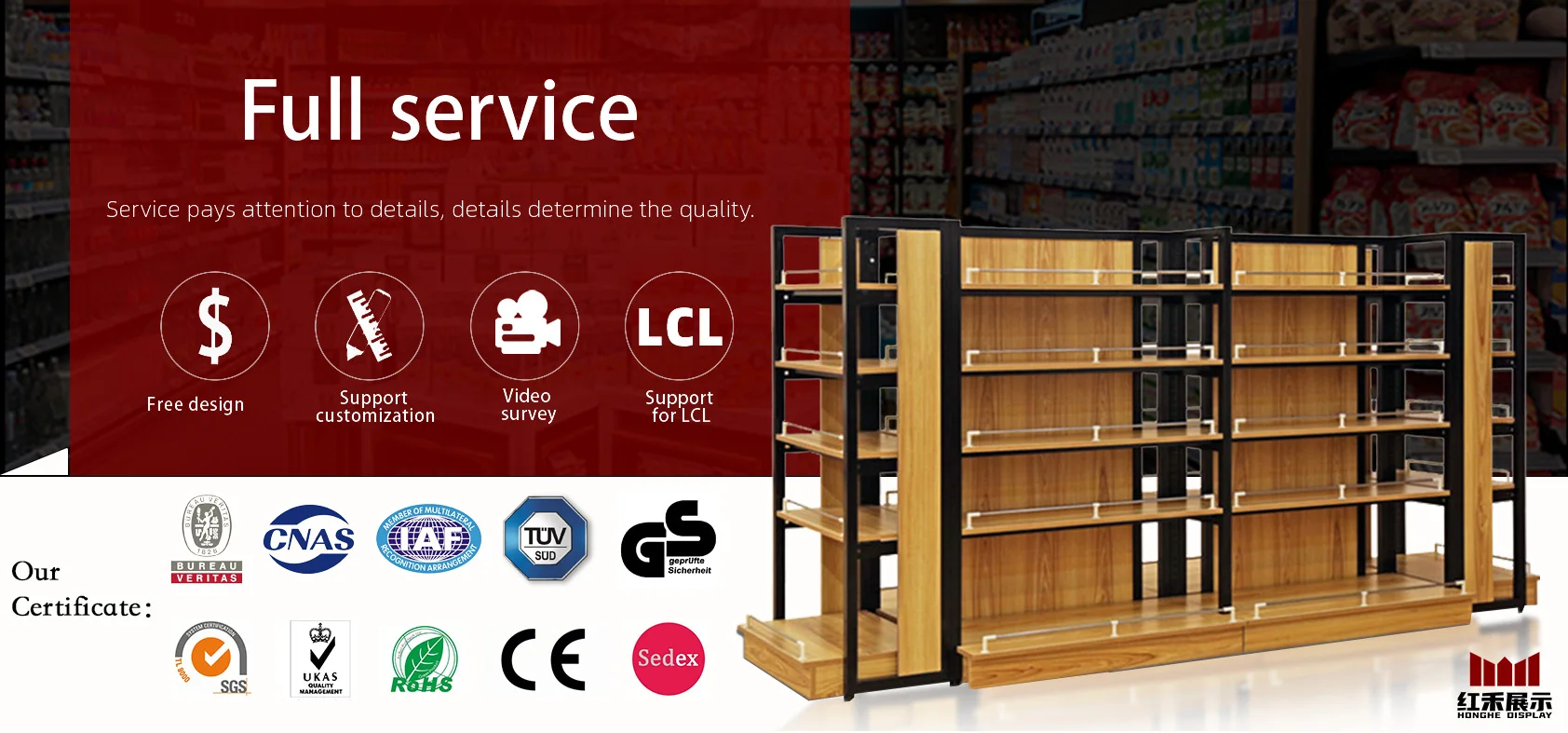 Custom.Hong He Multifunctional Wooden Grocery Store Display Shelves Retail Store Display Shelf for Supermarket