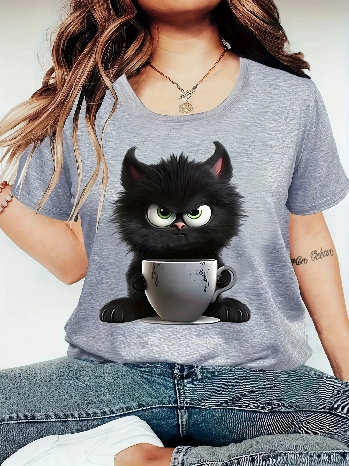 

Cat Print Crew Neck T-Shirt, Casual Short Sleeve T-Shirt For Spring & Summer, Women's Clothing