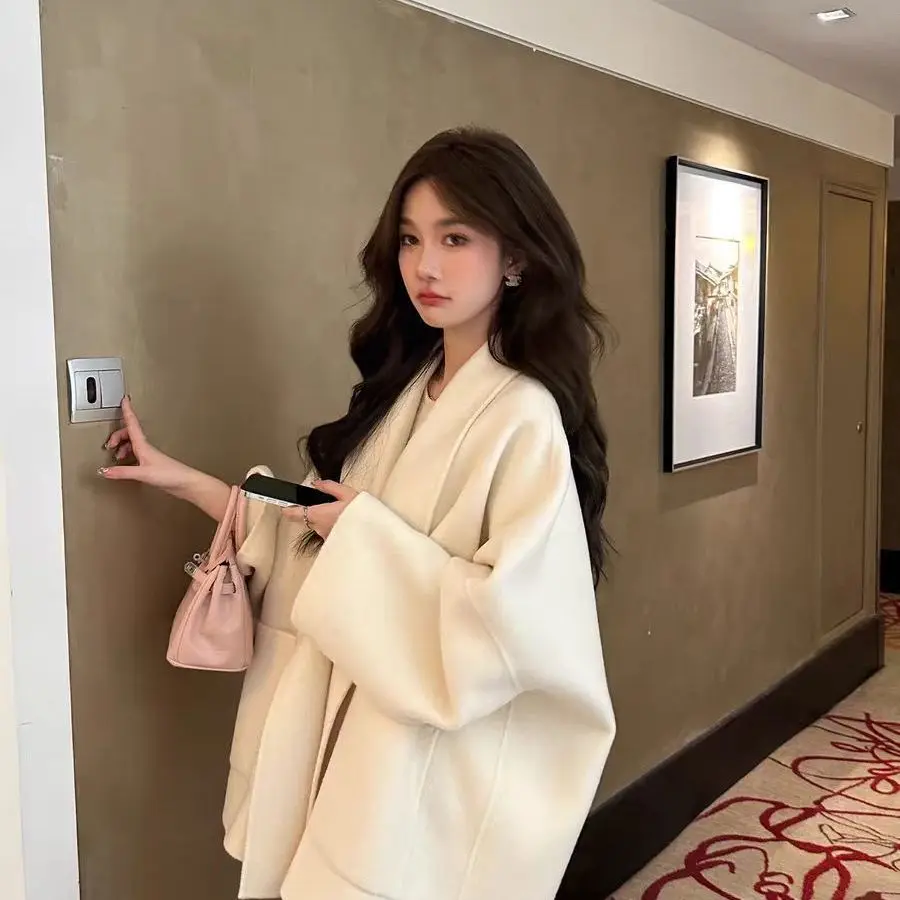 Loose Fit Medium Length Woolen Coat Women's Small Size Autumn Winter New Double Sided Woolen Coat Simple Style Long Sleeve
