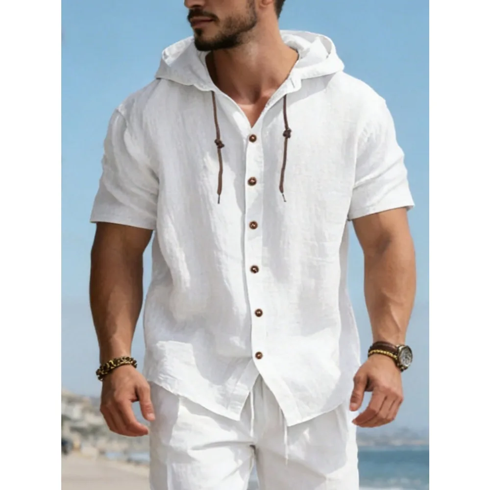 

Men's White Short Sleeve Hooded Button-Up Shirt, Breathable Fabric, Fashionable Layering Piece, Suitable For Casual And Daily Wear In Summer